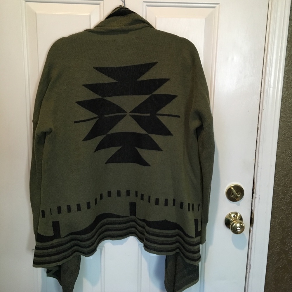 Olive green wrap sweater with black Aztec design